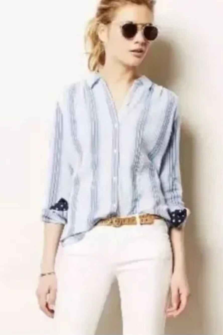 Anthropologie Isabella Sinclair Blue Striped Lace Inset Shirt Medium